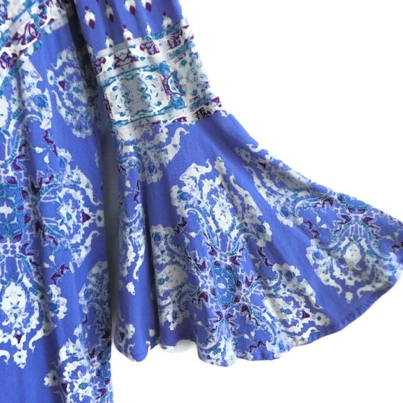 Free People Tunic Top Blue Purple Geo Floral Long Bell Sleeves Ruffle Collar S - Picture 4 of 9